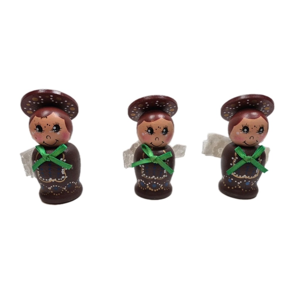 Vintage Hand Painted Wooden‎ Angel Ornaments Set of 3 Retro Kitsch Lace Wings
